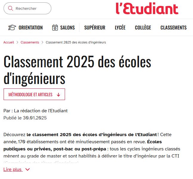 30 01 2025 classement ecoles dingenieurs lEtudiant